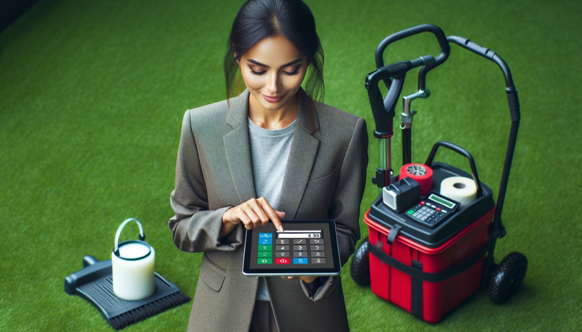 Professional calculating turf cleaning costs on a tablet