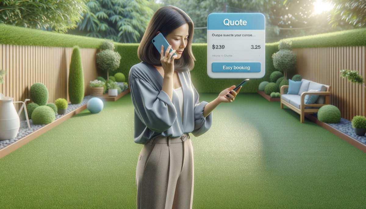 Homeowner booking turf cleaning service on their phone