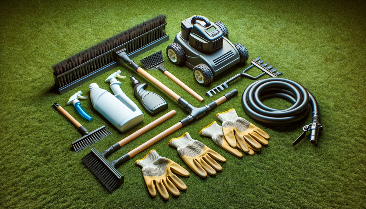 Turf maintenance tools arranged on artificial turf including power broom, rake, and cleaners