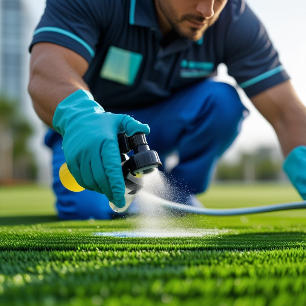 Professional stain removal treatment on artificial turf surface