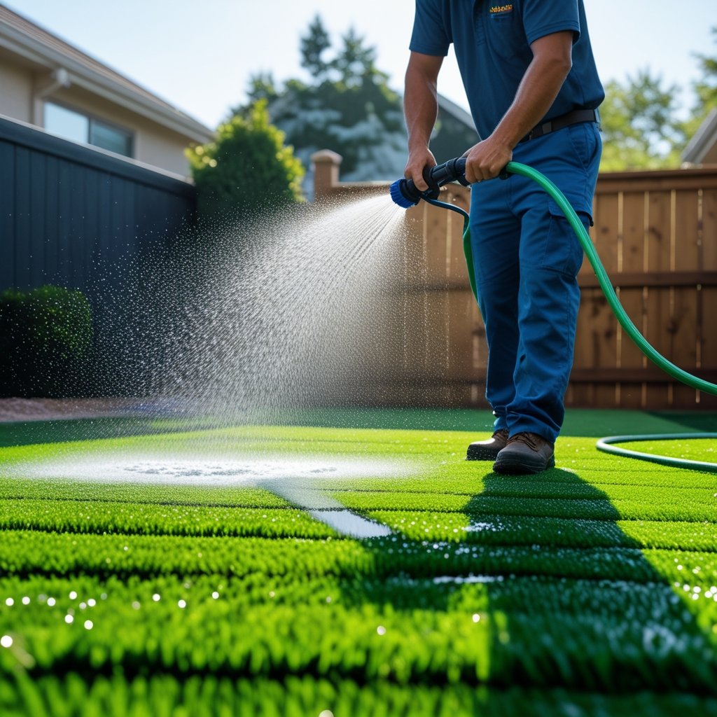 Professional artificial turf deep cleaning service in action