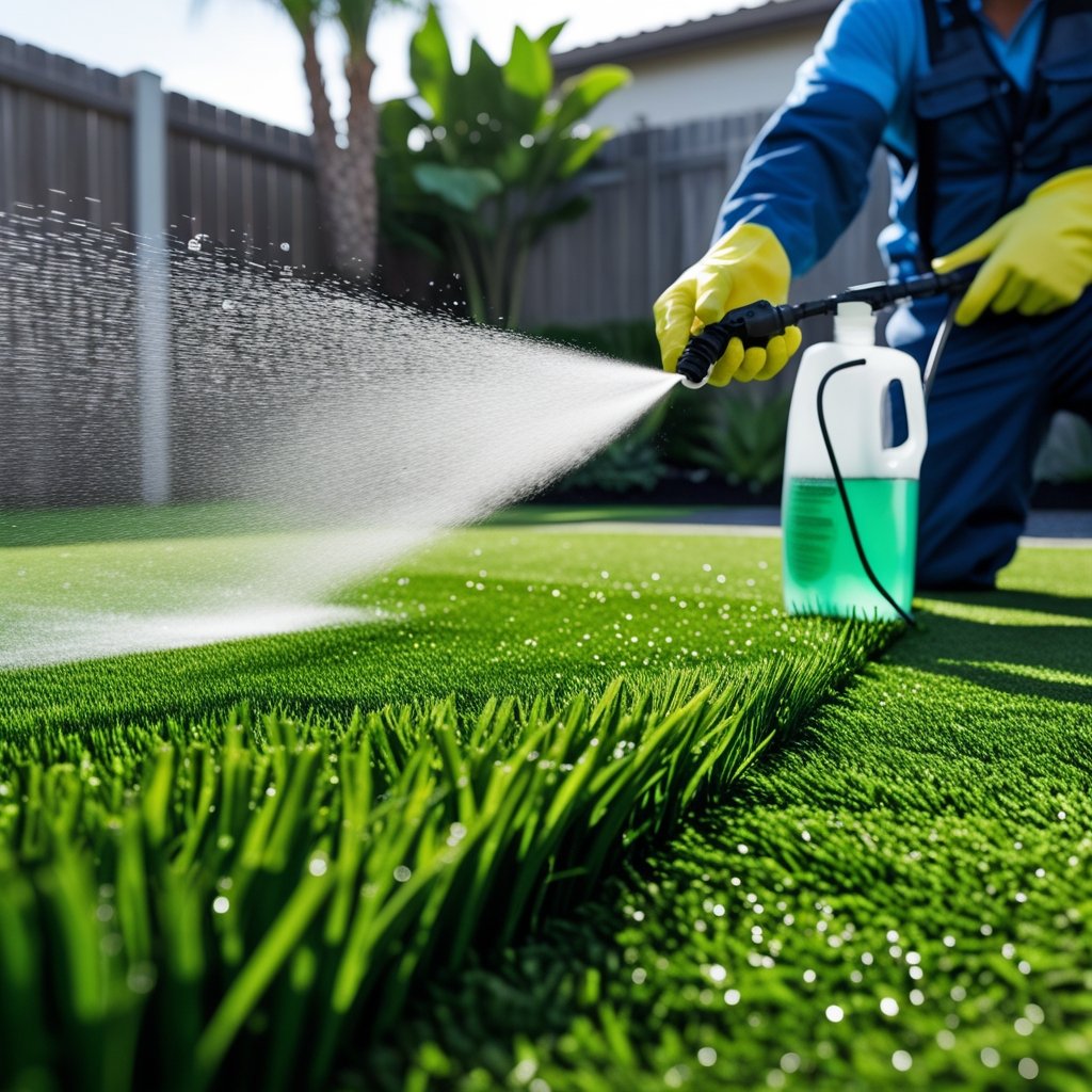 Professional turf sanitizing treatment being applied to artificial grass